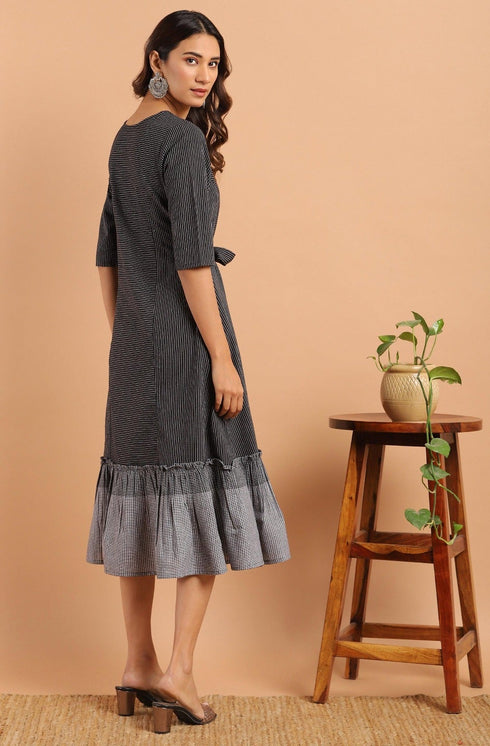 Black Cotton Striped Flared Western Dress